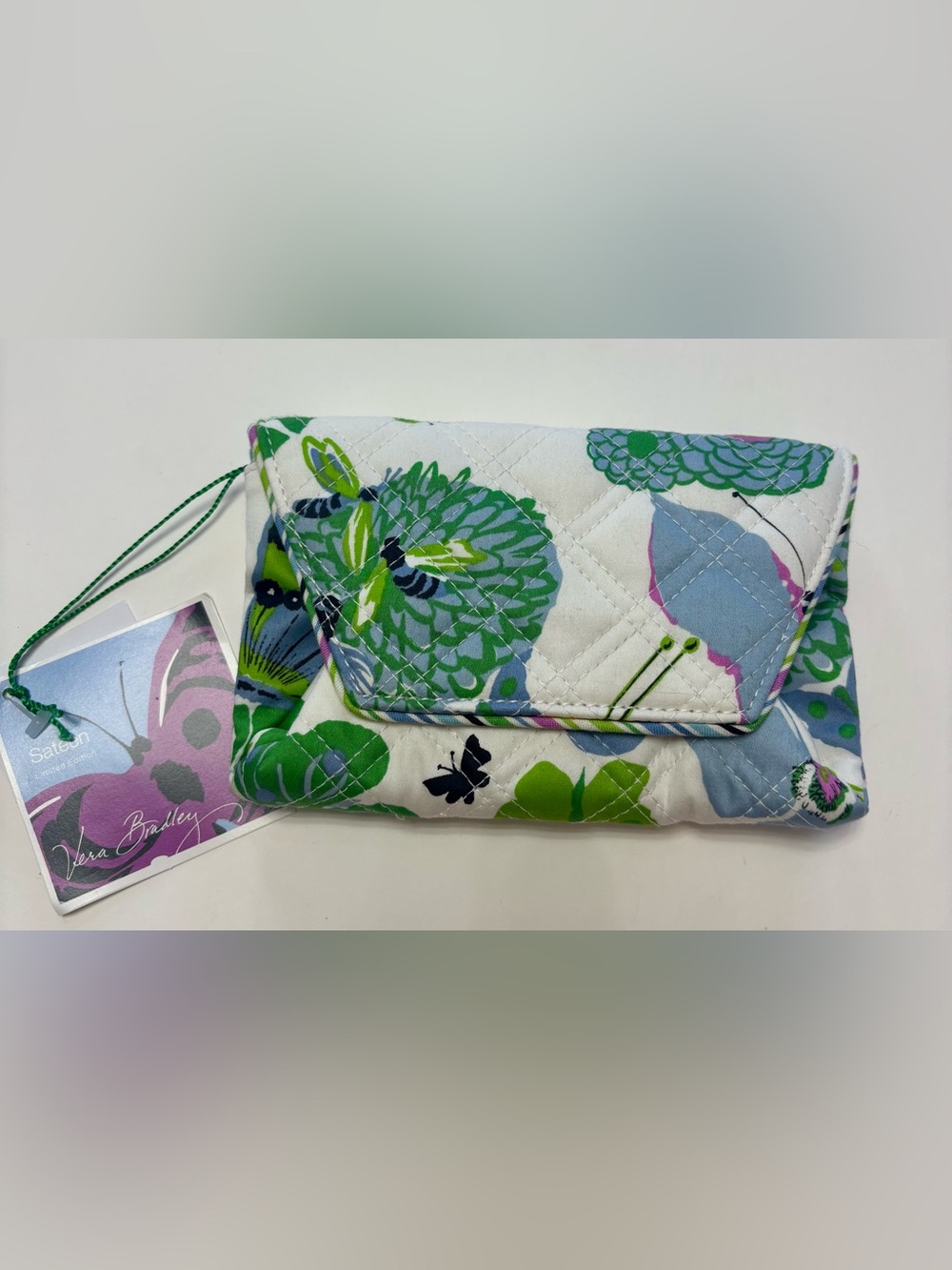 Vera Bradley Quilted Fold-Over Pouch in Green, Blue & White Floral